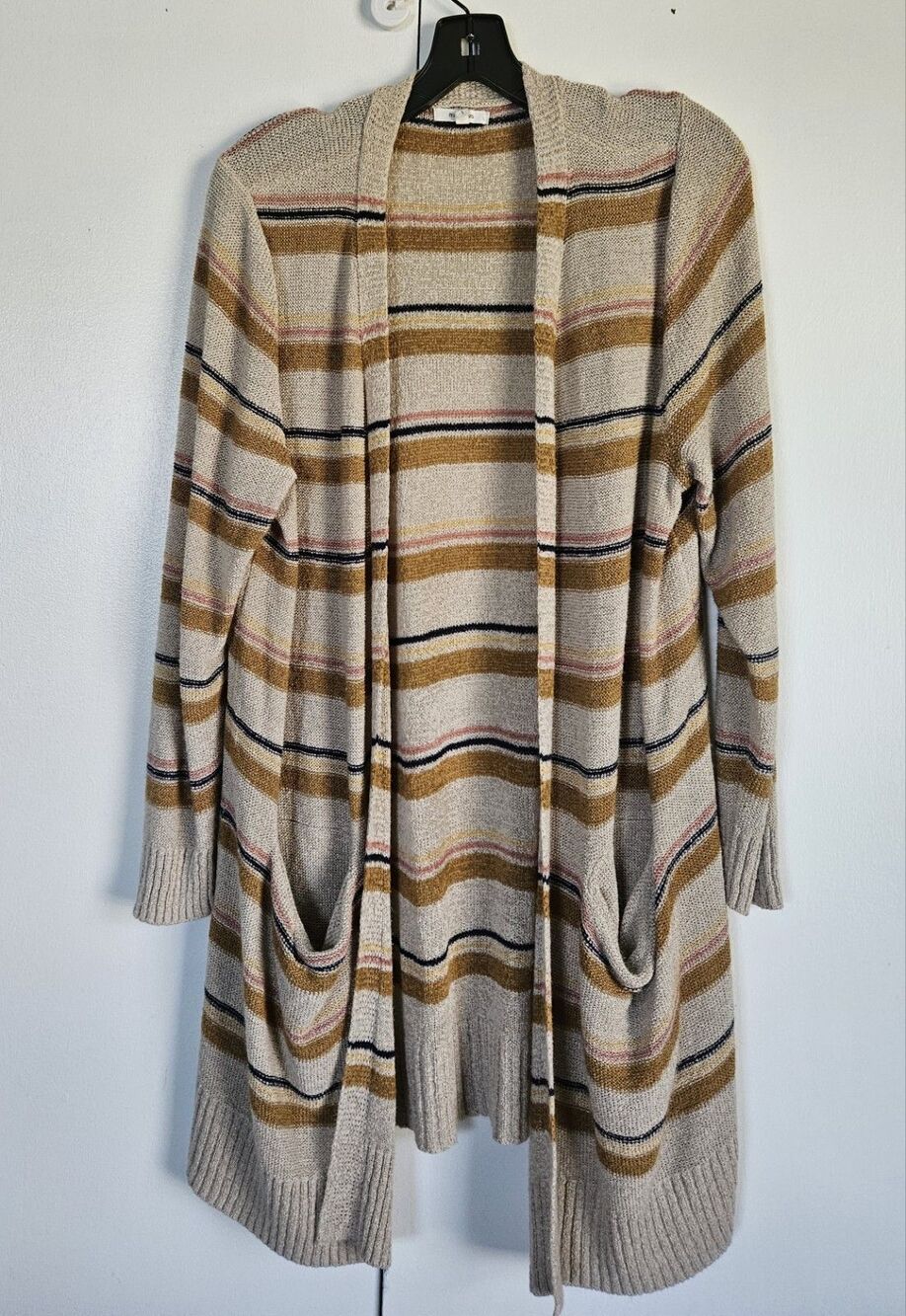 Maurices Womens L Long Open Front Cardigan Striped Boho Duster Sweater Pockets
